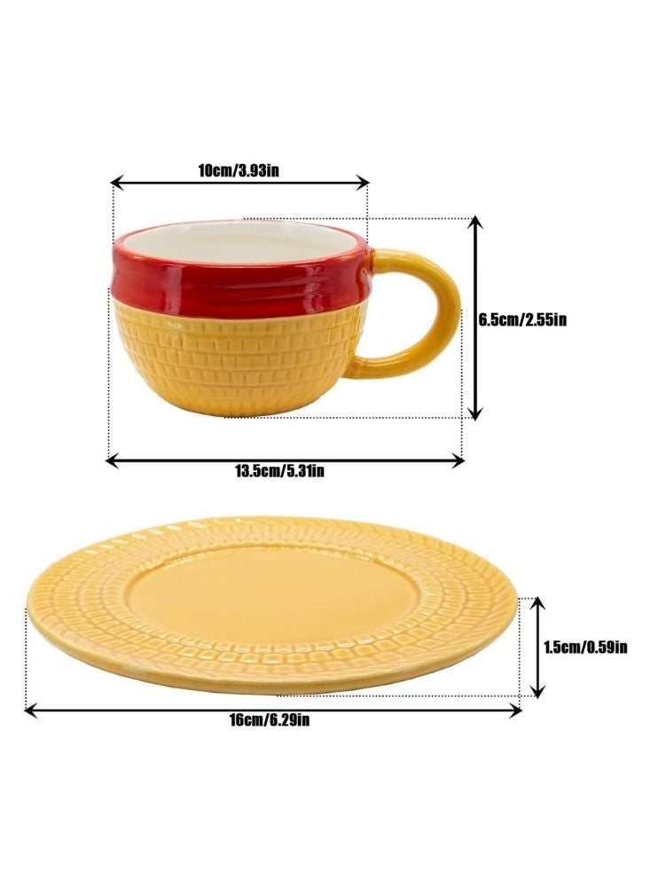 Premium Textured Ceramic Tea Cup & Saucer – Yellow & Red Vintage Style Coffee Set - Image 5